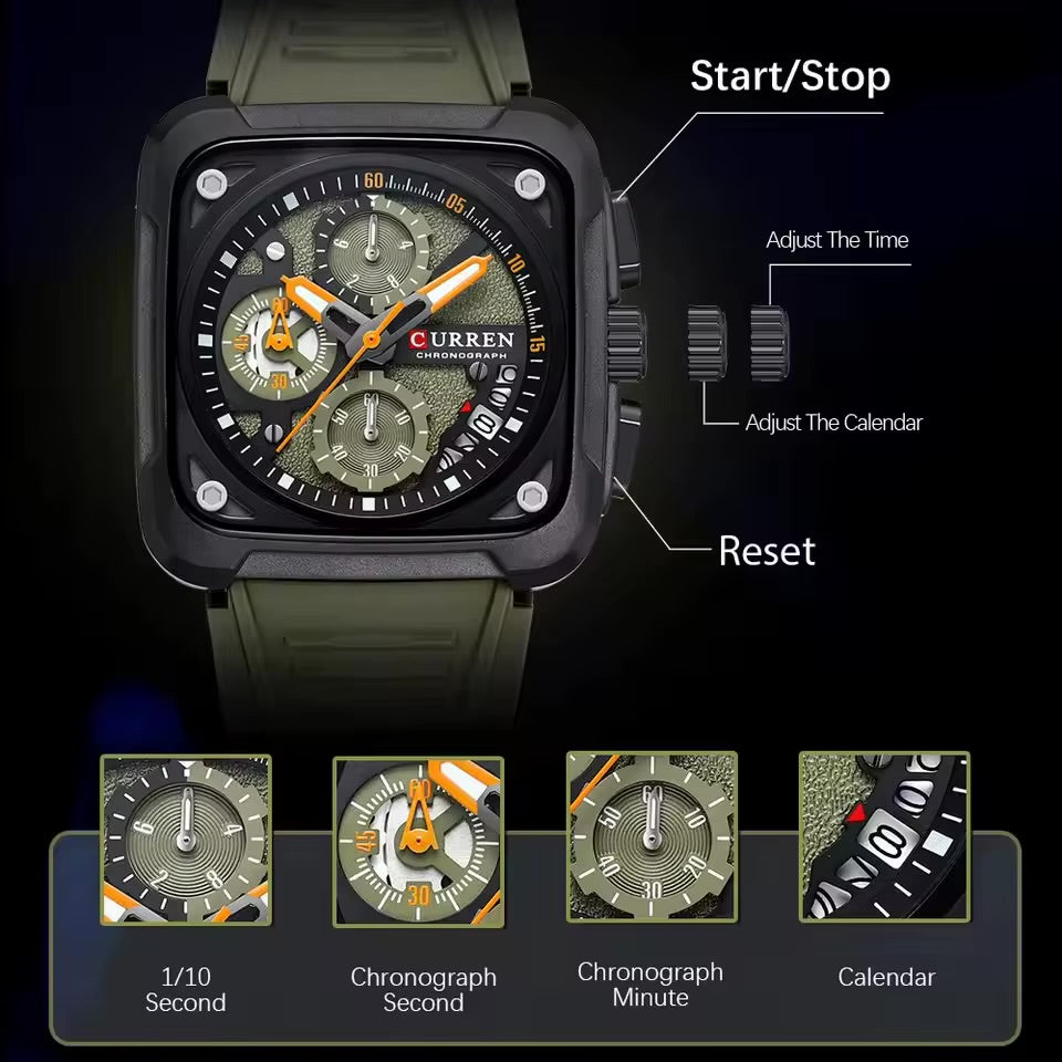 CURREN Top Brand Men's Watches Luxury Square Quartz Wrist Watch Original Waterproof Luminous Chronograph Watch for Men